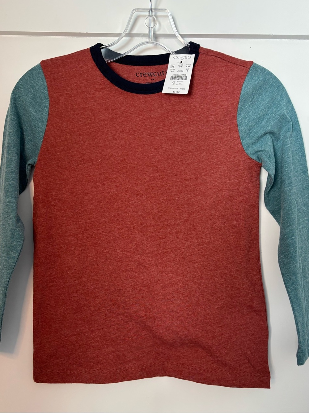 crewcuts Colorblock Long-Sleeve T in Rust and Teal with Black Trim size 6-7 NWT